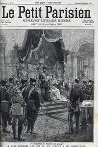 Uma Proposta de Desarmamento Geral (feita às Potências Europeias) - Czar Nicolau II (1868-1918) lendo a sua recitação aos seus conselheiros. Le Petit Parisien de French School