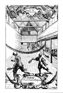 Um jogo real de tênis no Jeu de Paume, Versailles, publicado por Charles Hulpeau de French School