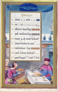 Uma folha de calendário vitoriana para fevereiro com uma ilustração do Livro de Horas de Anne de Bretagne (1488-1514) de French School