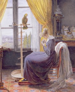 Uma mulher alimentando um papagaio em um interior, c.1820 (wc com guache sobre papel) de French School