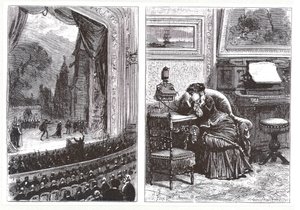 Uma mulher ouvindo uma performance de ópera em sua própria casa por meio do telefone Ader-Bell e do arranjo de Aders para transmissão de música, de Les Nouvelles Conquetes de la Science, de Louis Figuier, de French School