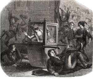 Uma banda de brincalhões impede que Marie-Therese (Marie Therese) Le Vasseur (Levasseur) (1721-1801), uma fantasia para o Carnaval, avance em sua cadeira de rodas. Ela é vítima da vingança de um desses ex-amantes. Gravura de 1871 em "Histoire Des Cocus C de French School