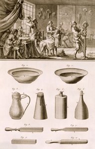 Uma barbearia e ferramentas de barbeiro, da Encyclopédie des Sciences et Metiers de Denis Diderot (1713-84) publicaram c.1770 de French School