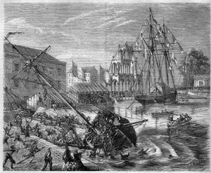 Um barco virado sob o peso dos seus ocupantes no Canal de Bruxelas, Bélgica de French School