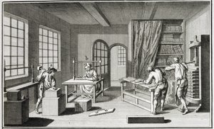 Uma oficina de apostas, da Encyclopédie des Sciences et Metiers de Denis Diderot (1713-84), publicada em 1770 de French School