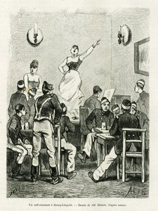 Um café cantando em Bourg Leopold. Gravura de A. Hubert para ilustrar a história La Belgique, de Camille Lemonnier, em le tour du monde 1886, dirigida por Edouard Charton (1807-1890), Hachette, Paris. de French School