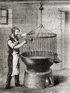 Um vendedor de velas no século XIX, de "Les Merveilles de la Science", publicado por volta de 1870 (gravura) de French School