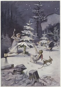 Um querubim empunha um machado quando cortam uma árvore de Natal de French School