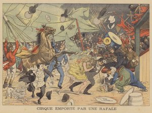 Uma tenda de circo levada por uma rajada de vento (litografia a cores) de French School