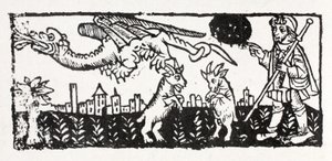Um dragão, cabras em chamas saltando no ar, Le Chemin de St James de French School