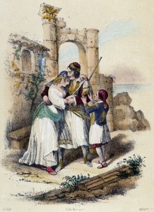 Uma família rodeada de ruínas; ilustração para a Grécia, - em "As doze Nações" de M.E. Fouinet de French School