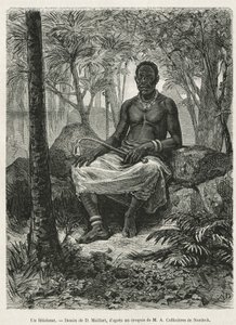 Um feticheur, feiticeiro capaz de utilizar a força mágica das fetiches, desenho de D. Maillart, para ilustrar a história de uma viagem ao Gabão e ao rio Ogoue, em 1875-1877, por Alfred Marche. Gravura em Le tour du monde de French School