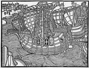 Uma frota no século XV, após uma gravura de "Vergier Dõhonneur". Gravura em "La Marine et les colonies: comércio". de French School