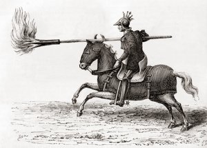 Um cavaleiro medieval com uma lança de fogo, ou lança de fogo, uma das primeiras armas de pólvora do mundo, de Les Merveilles de la Science, publicado c.1870 (gravura) de French School
