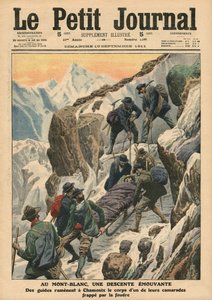Uma descida em movimento ao longo do Mont Blanc, ilustração do &39;Le Petit Journal&39;, suplemento ilustrado, 10 de setembro de 1911 (cor lito)