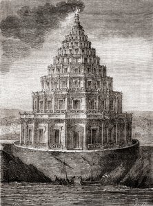 Uma representação imaginária do século XIX do Farol de Alexandria, também conhecido como Pharos de Alexandria, um farol construído pelo Reino Ptolemaico entre 280 e 247 a.C., de "Les Merveilles de la Science", publicado c.1870 (gravura) de French School