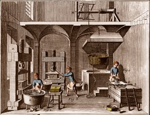 Uma fábrica de papel - Papelaria: Collage - "The Great Encyclopedie, ou Dictionnaire Raisonne des Sciences, des Arts et des Metiers" (Enciclopédia ou Dicionário das Ciências, Artes e Profissões) de Denis Diderot (1713-1784) e Jean d