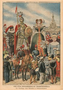 Uma festa pitoresca e tradicional, a procissão dos gigantes em Valenciennes, ilustração de &39;Le Petit Journal&39;, suplemento ilustre, 10 de julho de 1910 (colout litho)