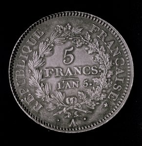 Uma libra de vinte sóis, equivalente ao primeiro franco da Primeira República (anverso) (metal) de French School