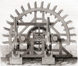 Um moinho de pó e sua roda de água, depois de um desenho do século XIX, de Les Merveilles de la Science, publicado c.1870 (gravura) de French School