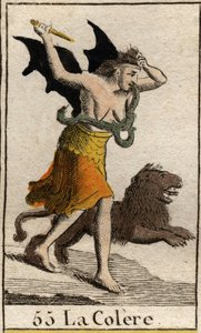 Uma representação da raiva vestida em cacos, ela segura uma adaga e arranca o cabelo. (Representação da Raiva, vestida com farrapos, ela segura uma faca e arranca o cabelo). Da "Mitologia da Juventude", de Pierre Blanchard 1803. de French School
