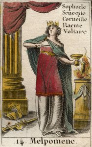 Uma representação de Melpomene, Musa da Tragédia, ela usa uma coroa, um ceptro e uma adaga, bem como um copo de veneno (Representação de Melpomene, Musa da Tragédia, com uma coroa, uma máscara trágica, uma faca e um copo de veneno. Da "Mitologia da Juventu de French School