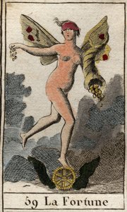 Uma representação da deusa do acaso Fortuna (Fortuna), ela decide o bem e o mal dos seres humanos, segura um chifre de abundância e fica em cima de uma roda. (Representação da Fortuna, deusa da sorte, ela decide sobre o que acontece com os seres humanos, e de French School