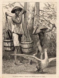 Um residente de Hatien (Vietnã) carregando baldes e cesta e uma criança caçando um ganso com um pau, gravando após um desenho de Robin ilustrando a viagem a Cochinchine, pelo Dr. Morice, em 1872, publicado em "Le tour du monde" 1875, editado por E de French School