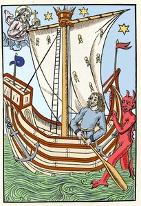 Um barco entre os perigos do mar. Um demónio apoderou-se da proa, enquanto Deus se manifestava à esquerda. Gravura do "Grande Calendário e Composto dos Pastores", Troyes 1491 de French School