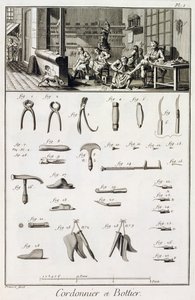 Um sapato e bootmaker e suas ferramentas, da enciclopédia de Ciências e Metiers por Denis Diderot (1713-84) publicado c.1770 de French School