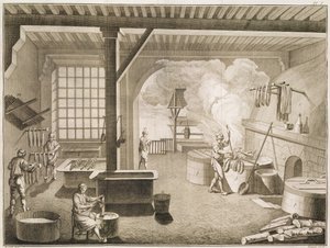 Uma oficina de tintureiros de seda, da Encyclopédie des Sciences et Métiers de Denis Diderot (1713-84), publicada em 1770 de French School