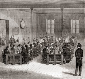 Uma estação telegráfica em Paris, França c.1870, de Les Merveilles de la Science, publicada c.1870 (engaving) de French School