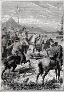 Uma tropa de homens a cavalo usava uma bandeira branca: Vice-Almirante John Byron (1723-1786) recebido pelos nativos do Cabo das Virgens, na foz oriental de Detroit, em 1764 - ilustração de "Os Grandes Marinheiros do século XVIII". de French School