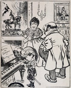 Um bronze usado, caricatura com navios de guerra, partitura de Deroulede ao piano e estatueta de Joana d