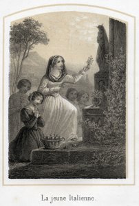 Uma jovem italiana muito piedosa presta homenagem à Virgem Maria, dando-lhe um ramo de oliveira. Gravura anónima do século XIX de French School