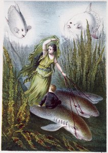 Uma mulher e um rapaz a fugir de peixes gigantes e tubarões - in "Viagem ao fundo do mar" de H. de la Blanchère. Paris, ed. Jouvet et Cie, sd. 1880. (duplo 02944) de French School