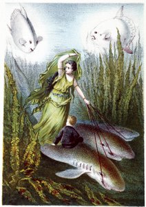 Uma mulher e um rapaz a fugir de peixes gigantes e tubarões - in "Viagem ao fundo do mar" de H. de la Blanchère. Paris, ed. Jouvet et Cie, sd. 1880. de French School
