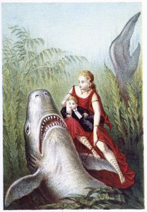 Uma mulher e um rapaz a cavalgar num tubarão - em "Journey to the bottom of the sea" de H. de la Blanchère. Paris, Ed. Jouvet et Cie, sd. 1880. (duplo 02943) de French School