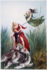 Uma mulher que ataca outra mulher e um rapaz conduzido por golfinhos - in "Viagem ao fundo do mar" de H. de la Blanchère. Paris, ed. Jouvet et Cie, sd. 1880. (duplo 02947) de French School