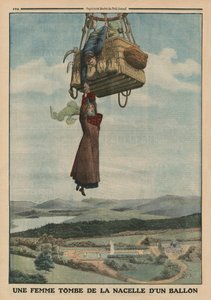 Uma mulher caindo da gôndola de um balão, ilustração de capa de &39;Le Petit Journal&39;, suplemento ilustre, 1 de junho de 1913 (cor litho)