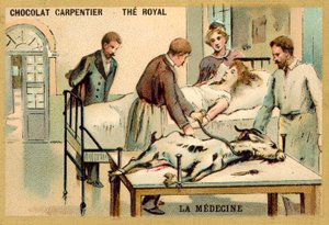 Uma mulher que recebe uma transfusão de sangue de uma cabra (chromolitho) de French School