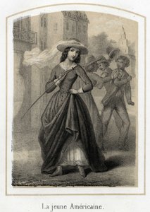 Uma jovem americana provoca brigas entre os seus pretendentes. Gravura anónima do século XIX de French School