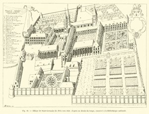 Abadia de Saint-Germain des Pres por volta de 1630, após um desenho da época, preservada na Biblioteca Nacional de French School