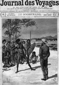 Aborígenes da Austrália usando um bumerangue, no final do século XIX. Gravação no "Journal des Voyages" de 30 de Abril de French School