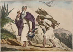 Abraão levou Isaque ao Monte Moriá, ilustração de um catecismo LHistoire Sainte, publicado por Charles Delagrave, Paris de French School
