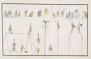 Acrobatas, malabaristas, imitadores, animadores do The Gentil Album, publicado em 1774 de French School