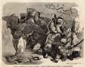 Actores e bailarinos da corte do Mikado em traje de cena. Gravura para ilustrar a viagem ao Japão em 1863-1864, por Aime Humbert, ministro da Confederação Suíça, em "Le tour du monde, nouveau journal des voyages", publicado sob a direção de Ed de French School