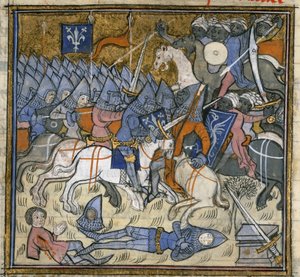 Adicionar. 15269, f.124v Cruzados lutando contra sarracenos, ilustração das 