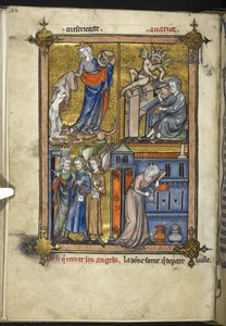 Adicionar. 54180, f. 136v, Miniatura com anjos em traje de peregrino, de 