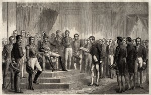 Discurso do 221 - O estadista liberal Roy- Collard apresenta o discurso do 221 - Pierre Paul Royer-Collard lendo ao rei francês Charles X o discurso do 221 para protestar contra o Acórdão em 1830 - Pierre Paul Royer Collard (1763-1845) (Royer-Collard) pré de French School